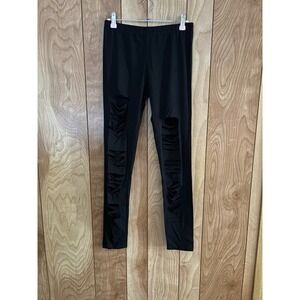 Two Hearts Distressed Shredded Leggings Black Cotton Spandex Size L